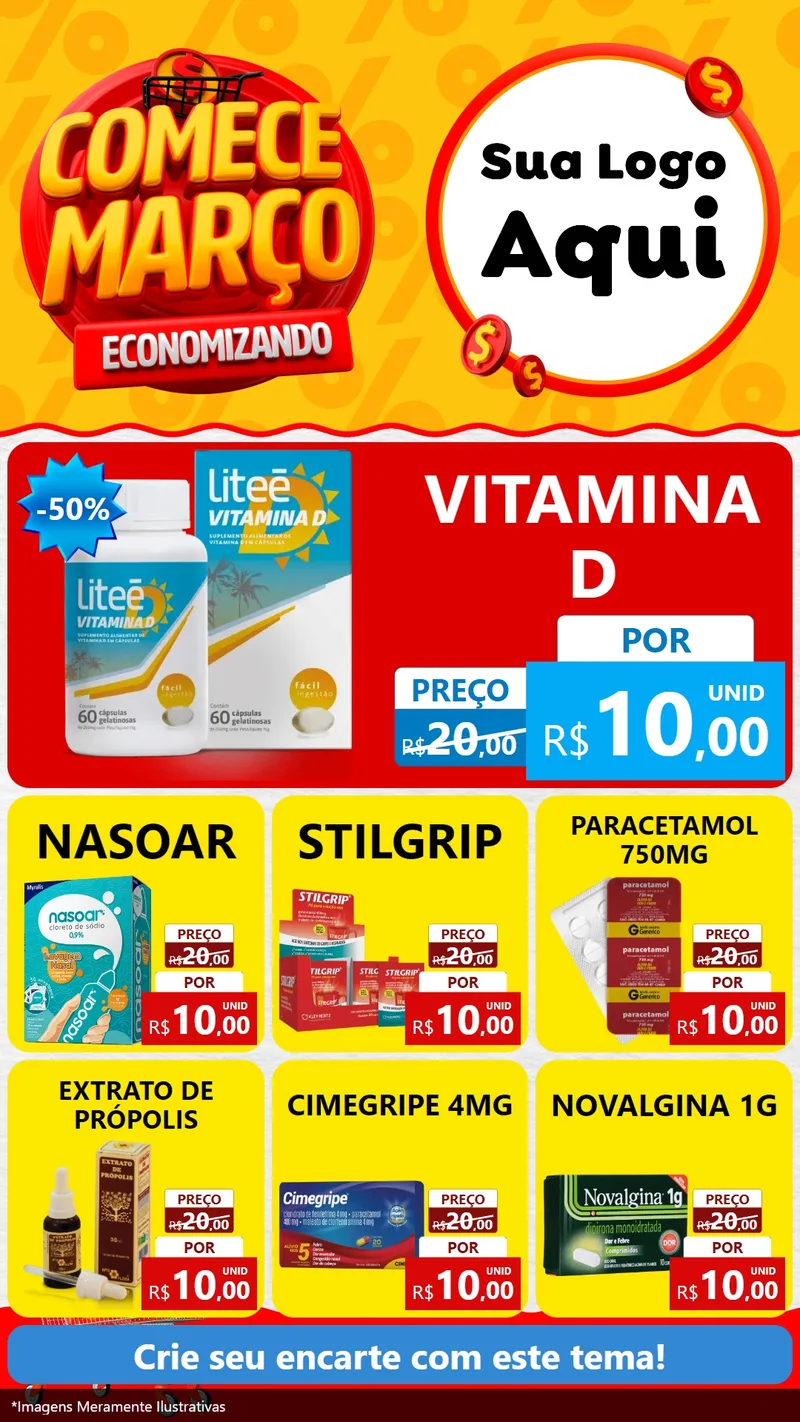 Modelo de Rede Social para Stories com o tema Comece Março Economizando para Farmácia