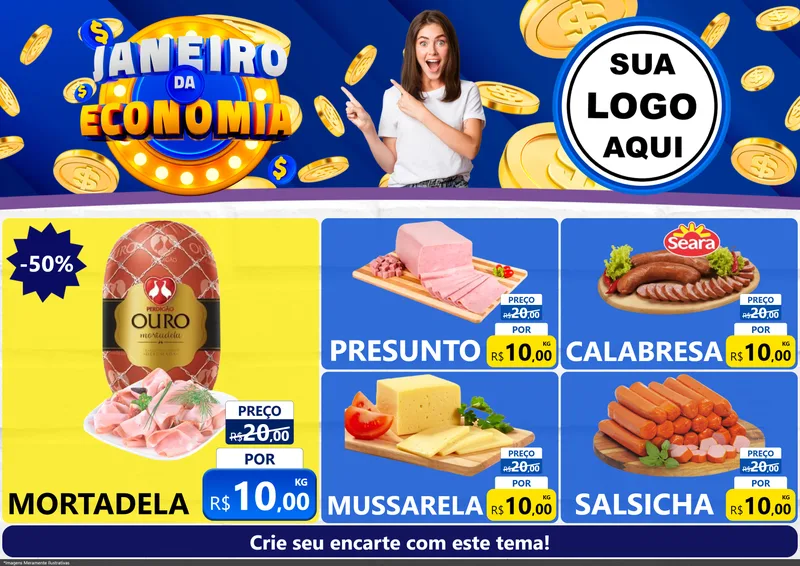 Modelo de Encarte para Encarte A4 Horizontal com o tema Janeiro da Economia para Frios e Laticínios