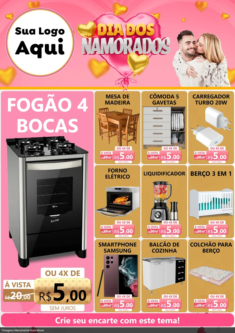 Modelo de Encarte para Encarte A4 Vertical com o tema Dia dos Namorados para Móveis e Eletro