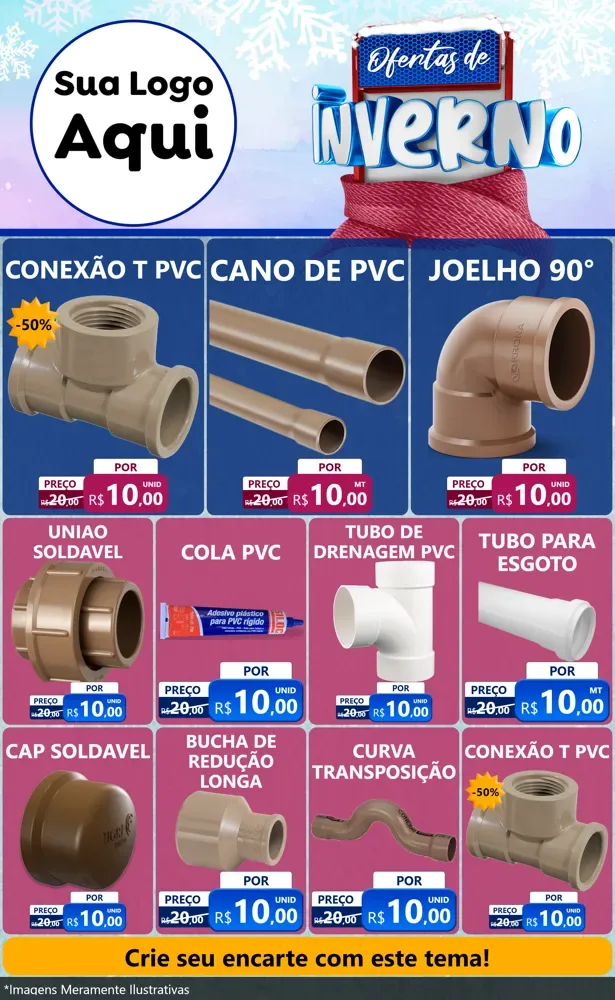 Modelo de Encarte para Encarte Grande com o tema Ofertas de Inverno para Tubos e conexões
