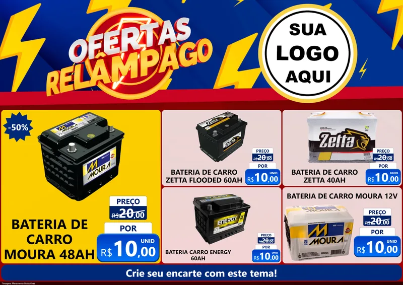 Modelo de Encarte para Encarte A4 Horizontal com o tema Ofertas Relâmpago para Baterias Elétricas