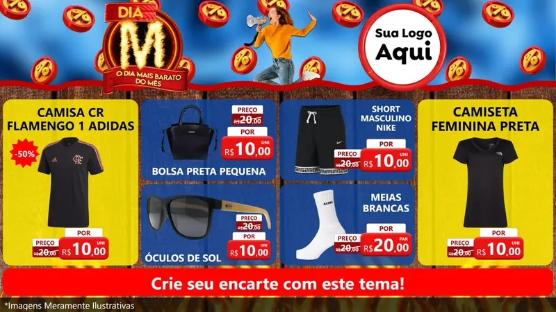 Modelo de TV para TV Horizontal com o tema Dia M - O Dia Mais Barato Do Mês para Roupas e acessórios