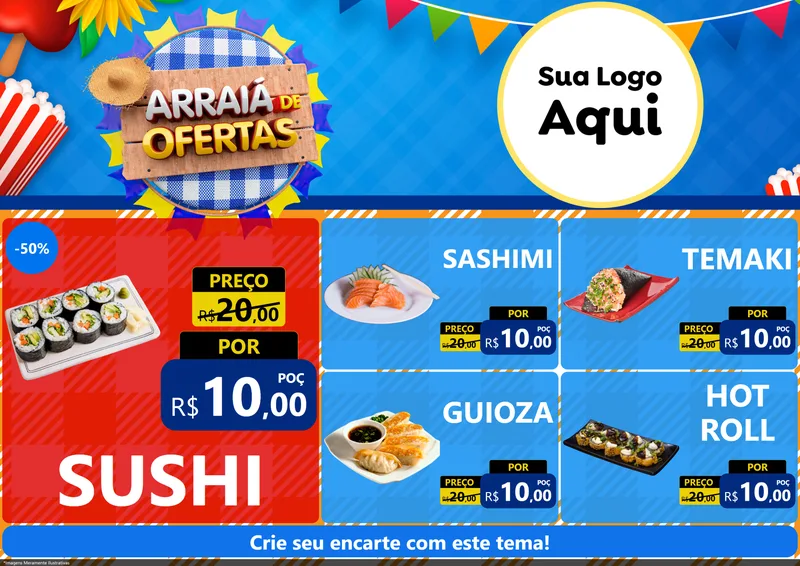 Modelo de Encarte para Encarte A4 Horizontal com o tema Arraiá de Ofertas para Comida japonesa