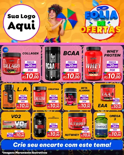 Modelo de Rede Social para Feed Instagram com o tema Folia de Ofertas para Suplementos alimentares
