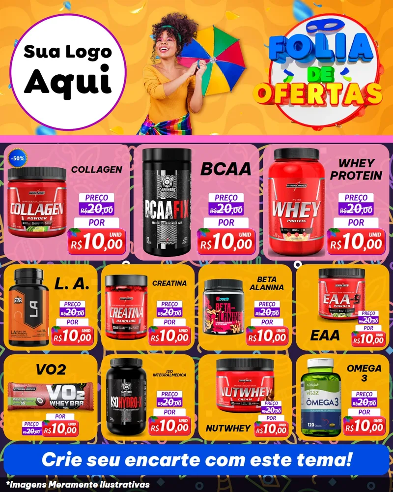 Modelo de Rede Social para Feed Instagram com o tema Folia de Ofertas para Suplementos alimentares