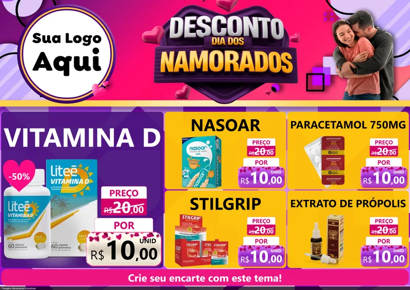 Modelo de Encarte para Encarte A4 Horizontal com o tema Desconto Dia dos Namorados para Farmácia