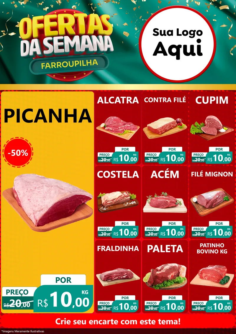 Modelo de Encarte para Encarte A4 Vertical com o tema Ofertas da Semana Farroupilha para Açougue