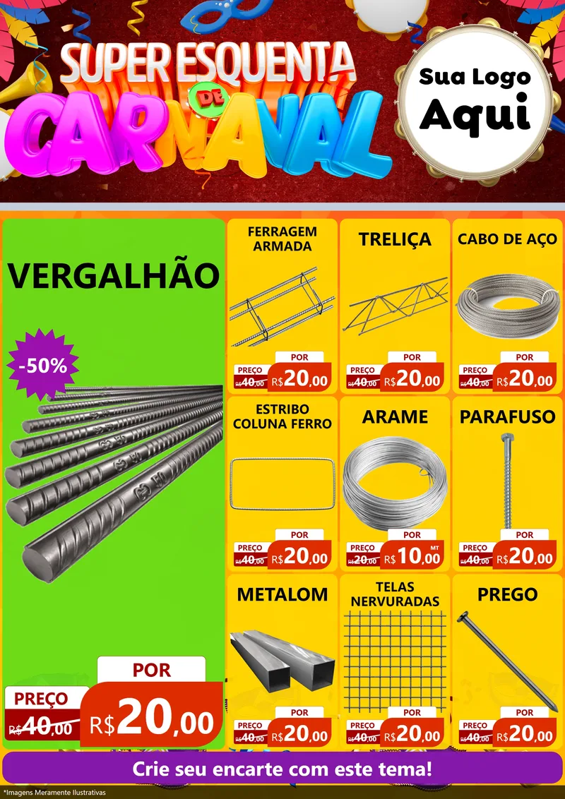Modelo de Encarte para Encarte A4 Vertical com o tema Super Esquenta de Carnaval para Ferragens