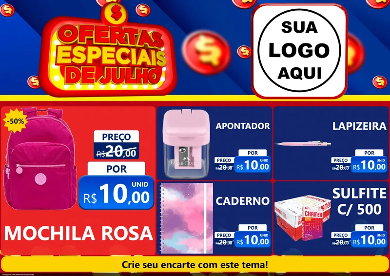 Modelo de Encarte para Encarte A4 Horizontal com o tema Ofertas Especiais de Julho para Papelaria