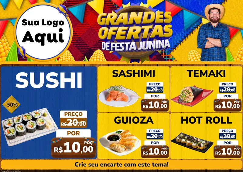 Modelo de Encarte para Encarte A4 Horizontal com o tema Grandes Ofertas de Festa Junina para Comida japonesa