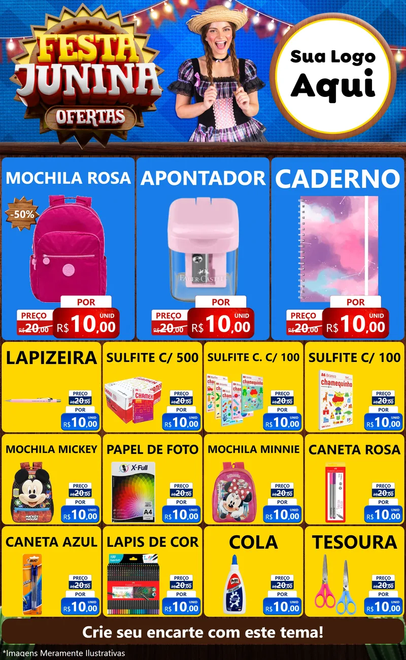Modelo de Encarte para Encarte Grande com o tema Festa Junina Ofertas para Papelaria