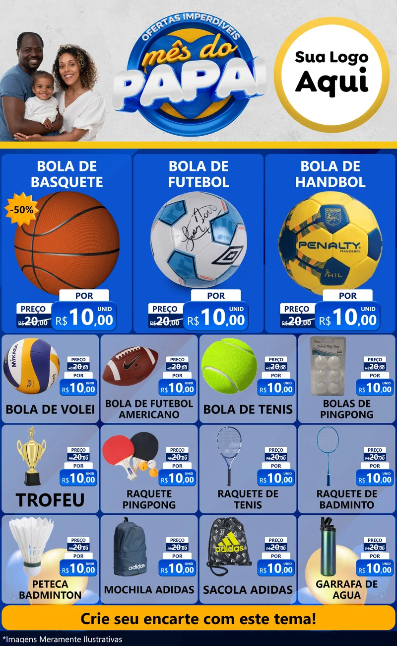 Modelo de Encarte para Encarte Grande com o tema Ofertas Imperdíveis Mês Do Papai para Artigos Esportivos
