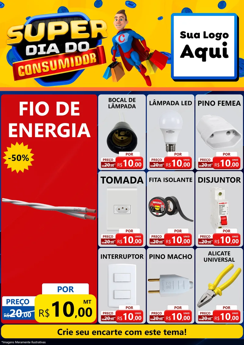Modelo de Encarte para Encarte A4 Vertical com o tema Super Dia do Consumidor para Materiais Elétricos