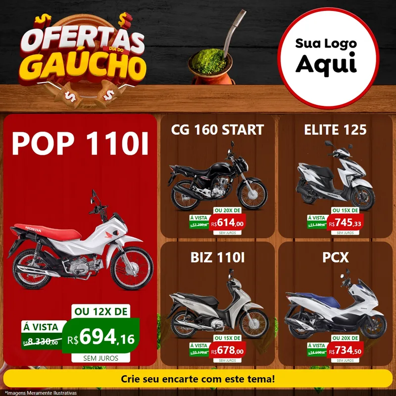 Modelo de Rede Social para Feed Facebook com o tema Ofertas Dia do Gaúcho para Concessionaria de Motos