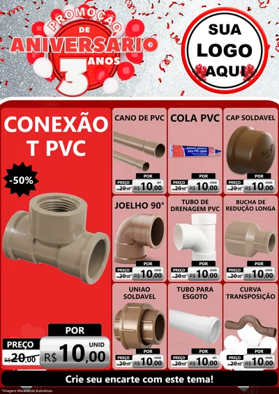 Modelo de Encarte para Encarte A4 Vertical com o tema Promoção de Aniversário - 3 Anos para Tubos e conexões