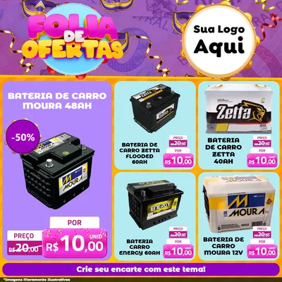 Modelo de Rede Social para Feed Facebook com o tema Folia de Ofertas para Baterias Elétricas