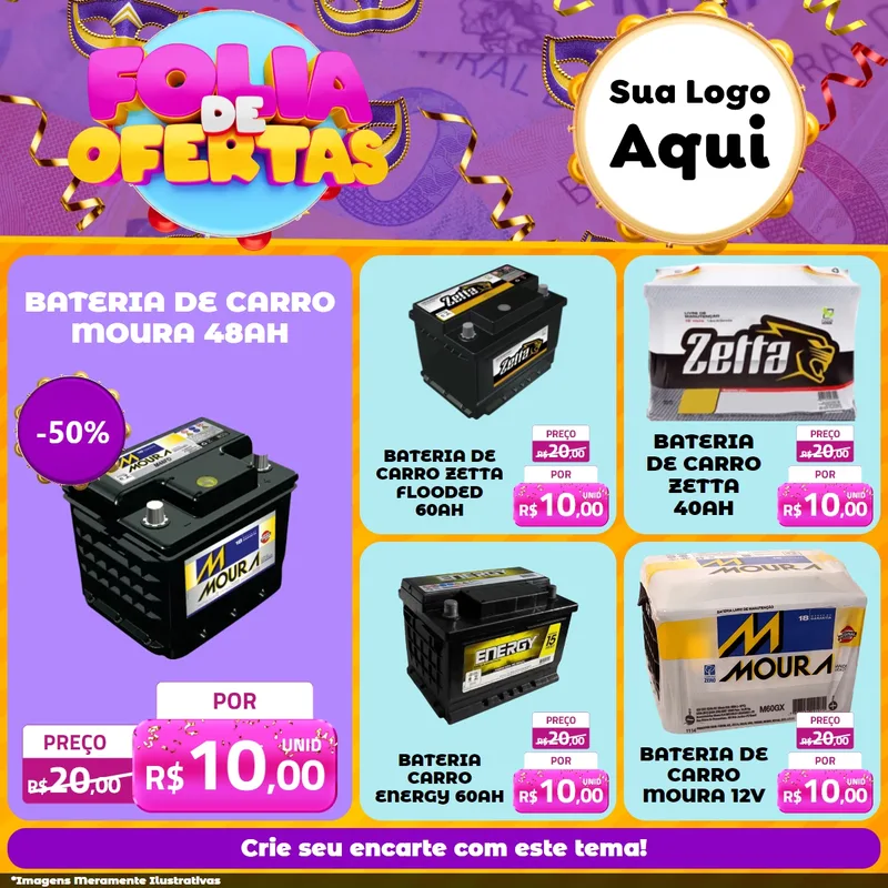 Modelo de Rede Social para Feed Facebook com o tema Folia de Ofertas para Baterias Elétricas