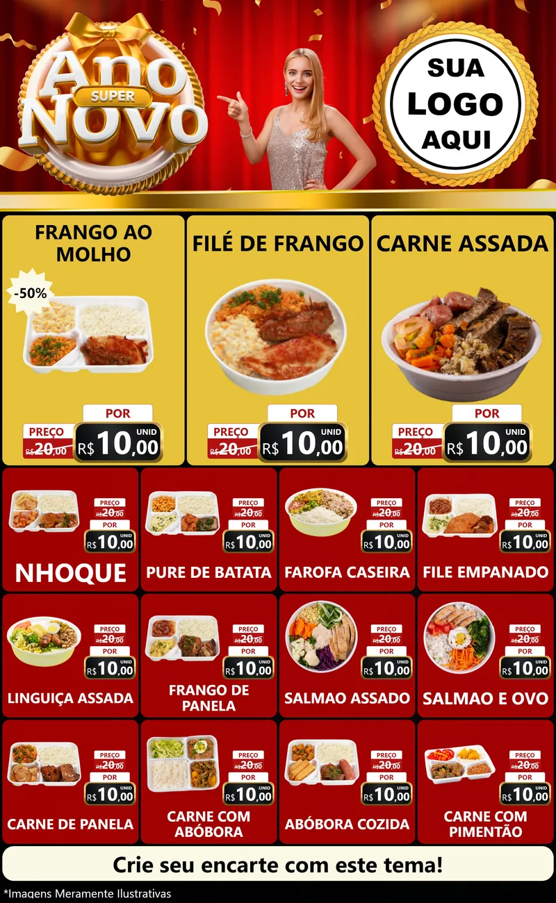 Modelo de Encarte para Encarte Grande com o tema Super Ano Novo para Restaurante
