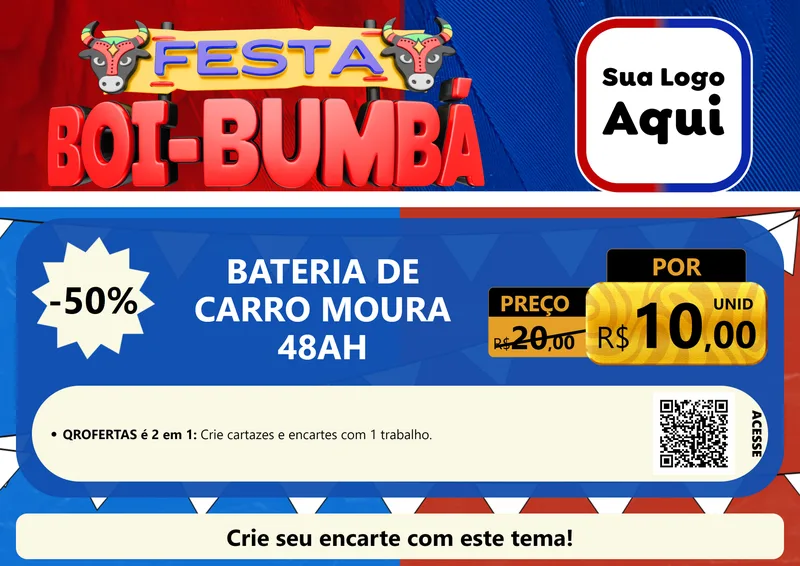 Modelo de Cartaz para Cartaz A4 Horizontal com o tema Festa Boi Bumbá para Baterias Elétricas