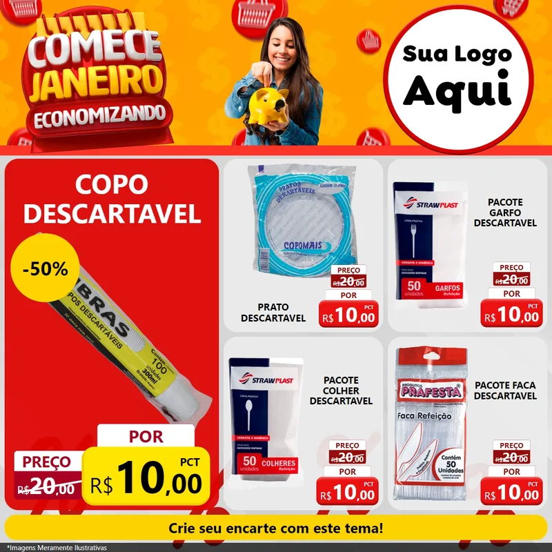 Modelo de Rede Social para Feed Facebook com o tema Comece Janeiro Economizando para Embalagens