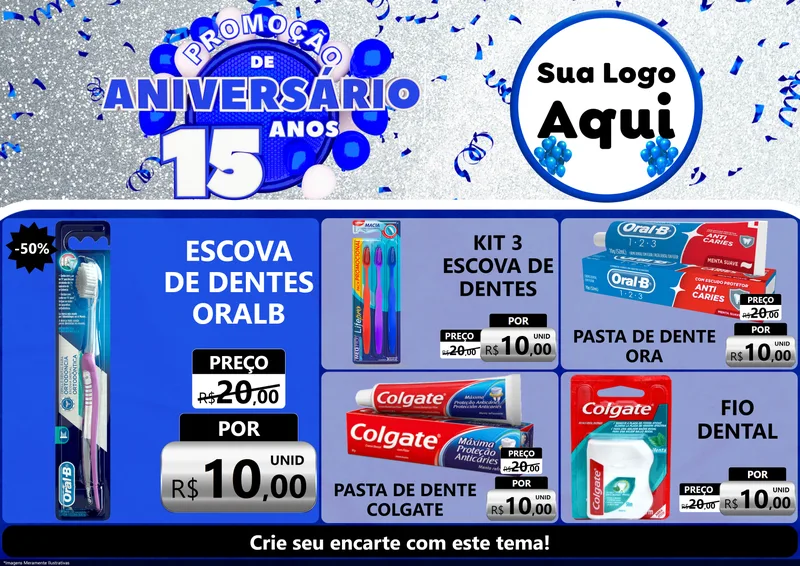 Modelo de Encarte para Encarte A4 Horizontal com o tema Promoção de Aniversário - 15 Anos para Higiene Pessoal
