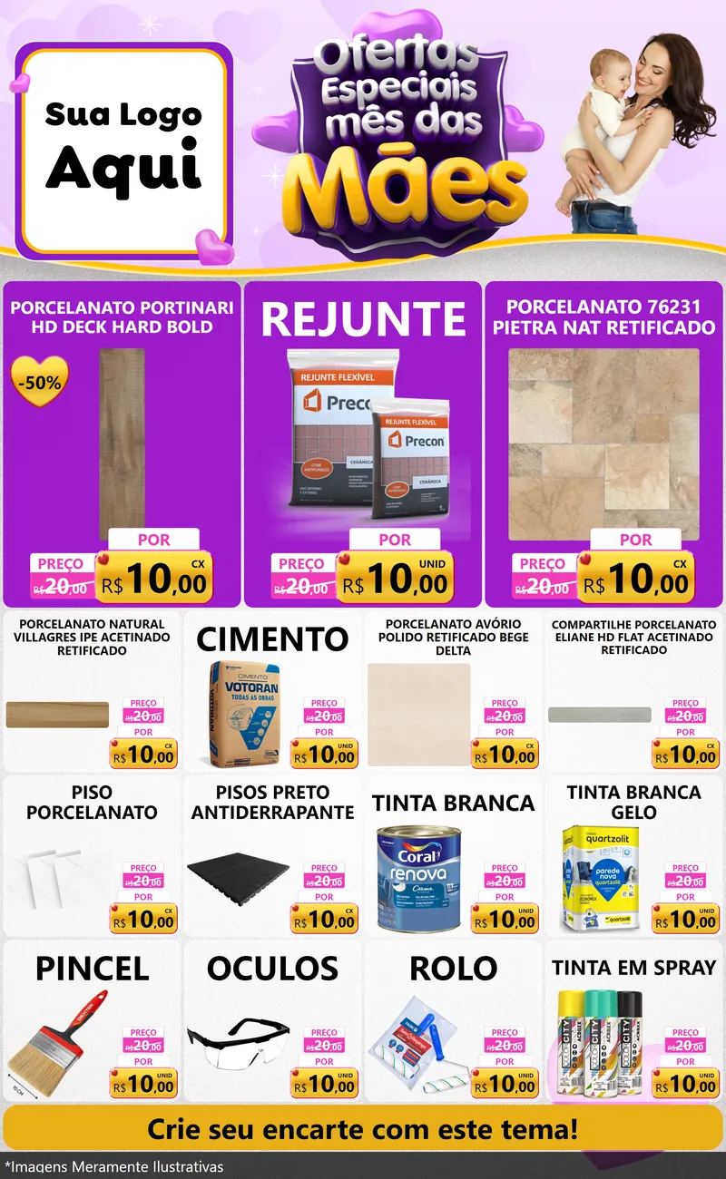 Modelo de Encarte para Encarte Grande com o tema Ofertas Especiais - Mês das Mães para Pisos e revestimentos