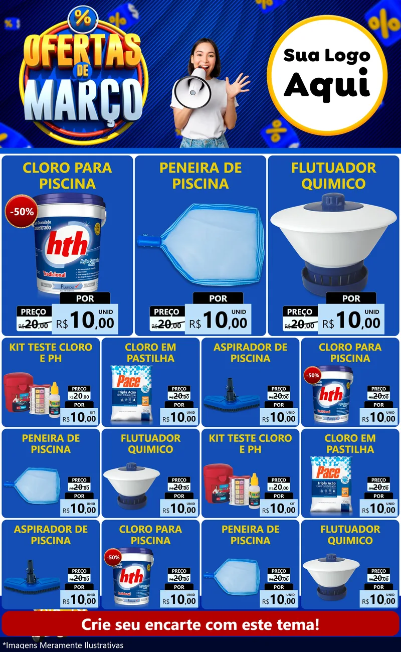 Modelo de Encarte para Encarte Grande com o tema Ofertas de Março para Produtos para Piscina