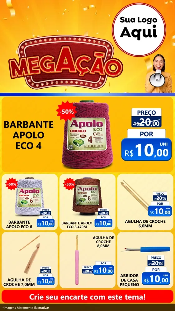 Modelo de Rede Social para Stories com o tema Mega Ação para Armarinho e Aviamentos