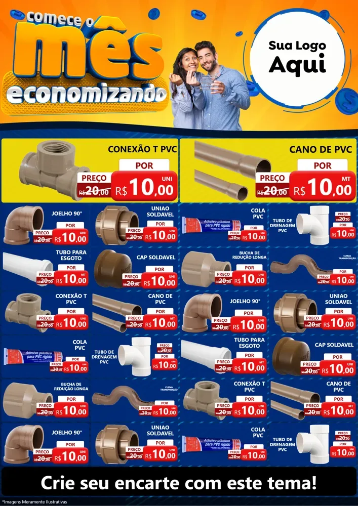 Modelo de Encarte para Encarte A4 Vertical com o tema Comece O Mês Economizando para Tubos e conexões