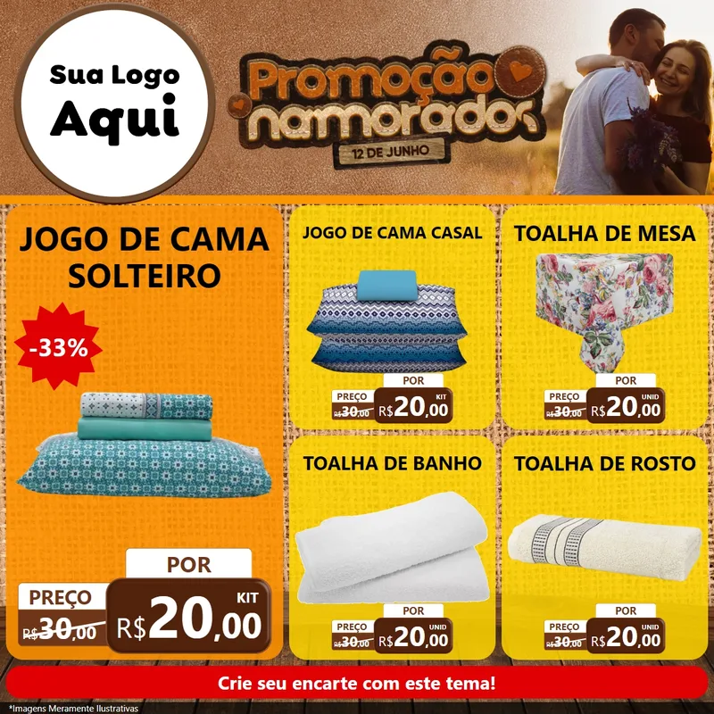 Modelo de Rede Social para Feed Facebook com o tema Promoção Namorados para Cama, Mesa e Banho