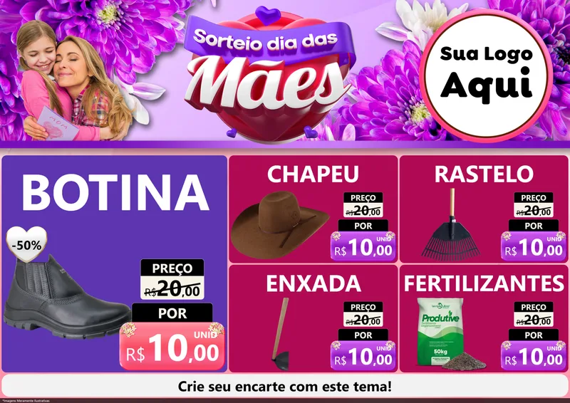 Modelo de Encarte para Encarte A4 Horizontal com o tema Sorteio Dia das Mães para Agropecuária