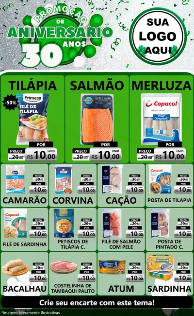 Modelo de Encarte para Encarte Grande com o tema Promoção de Aniversário - 30 Anos para Peixaria