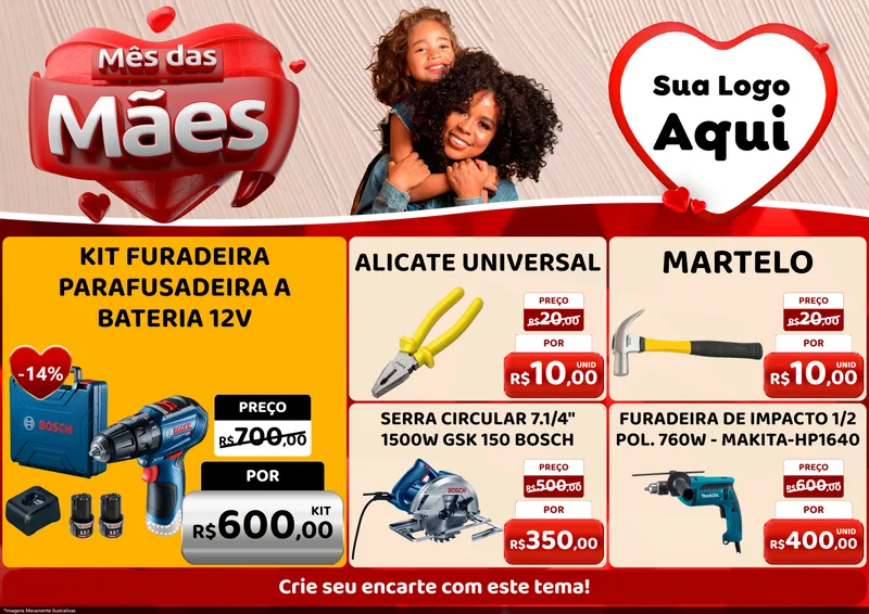 Modelo de Encarte para Encarte A4 Horizontal com o tema Mês das Mães para Maquinas e Ferramentas