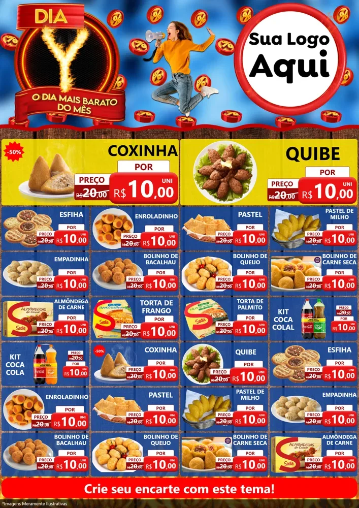 Modelo de Encarte para Encarte A4 Vertical com o tema Dia Y - O Dia Mais Barato Do Mês para Salgadaria