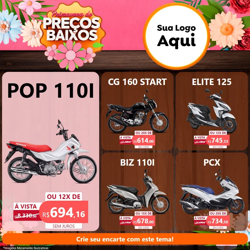 Modelo de Rede Social para Feed Facebook com o tema Primavera de Preços Baixos para Concessionaria de Motos