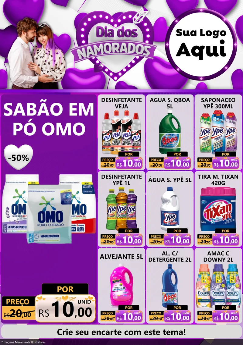 Modelo de Encarte para Encarte A4 Vertical com o tema Dia dos Namorados para Produtos de Limpeza
