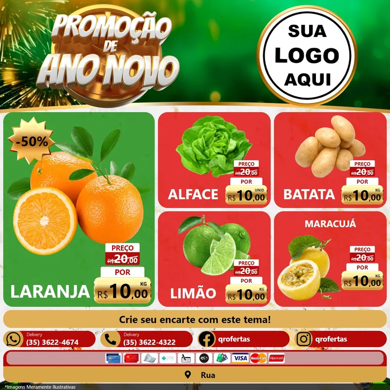 Modelo de Rede Social para Feed Facebook com o tema Promoção de Ano Novo para Hortifrúti