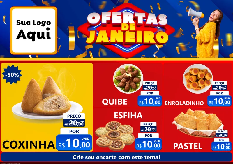 Modelo de Encarte para Encarte A4 Horizontal com o tema Ofertas de Janeiro para Salgadaria