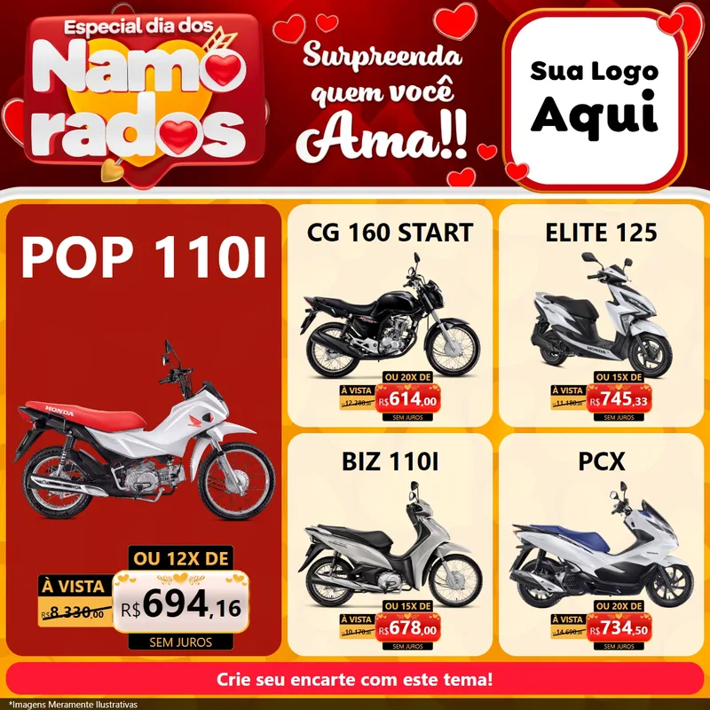 Modelo de Rede Social para Feed Facebook com o tema Especial Dia dos Namorados para Concessionaria de Motos