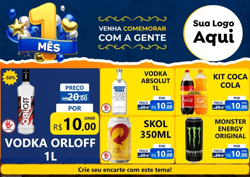Modelo de Encarte para Encarte A4 Horizontal com o tema Um Mês de Aniversário para Distribuidora de bebidas
