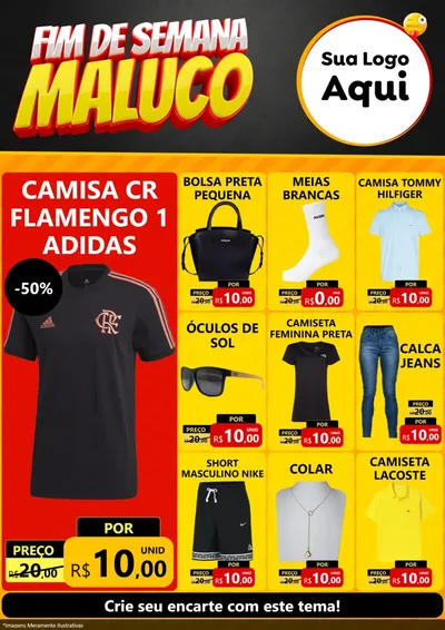 Modelo de Encarte para Encarte A4 Vertical com o tema Final de Semana Maluco para Roupas e acessórios