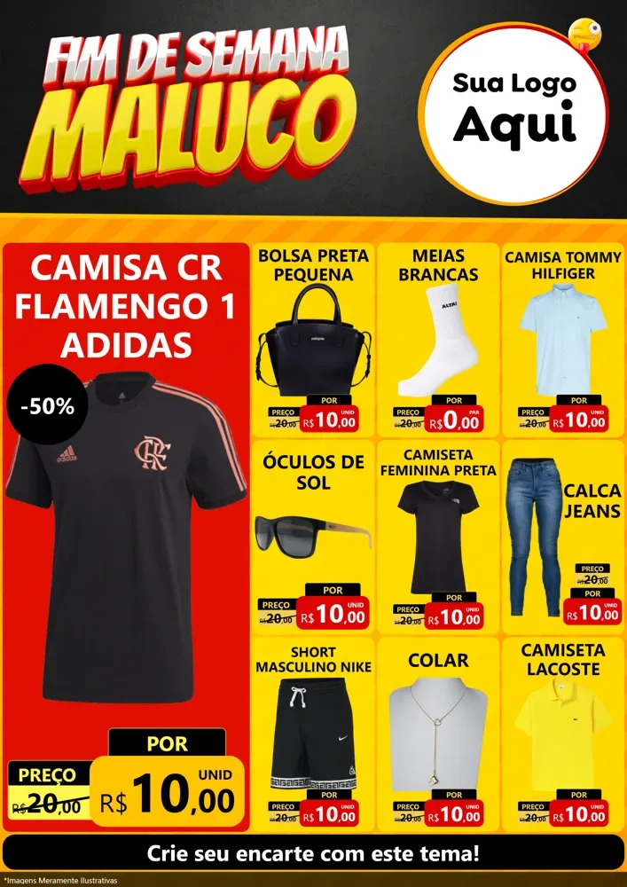 Modelo de Encarte para Encarte A4 Vertical com o tema Final de Semana Maluco para Roupas e acessórios