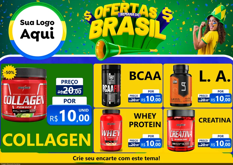 Modelo de Encarte para Encarte A4 Horizontal com o tema Ofertas Semana do Brasil para Suplementos alimentares
