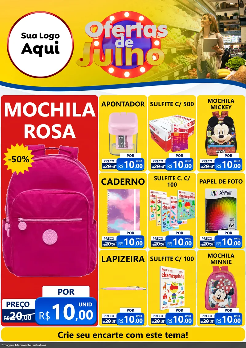 Modelo de Encarte para Encarte A4 Vertical com o tema Ofertas de Julho para Papelaria