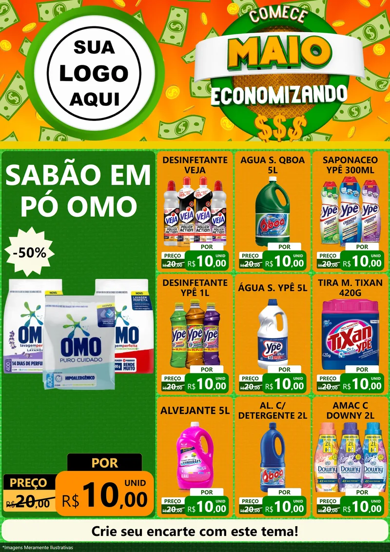 Modelo de Encarte para Encarte A4 Vertical com o tema Comece Maio Economizando para Produtos de Limpeza