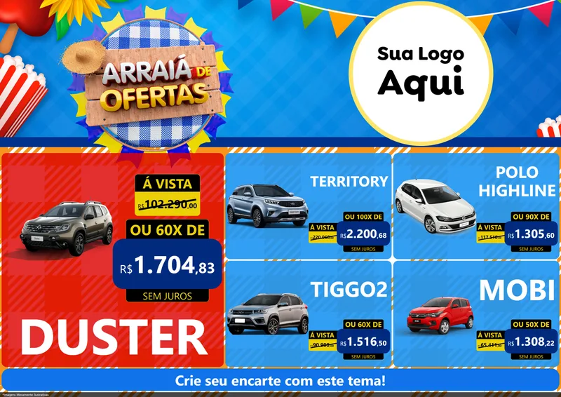 Modelo de Encarte para Encarte A4 Horizontal com o tema Arraiá de Ofertas para Concessionaria de Carros
