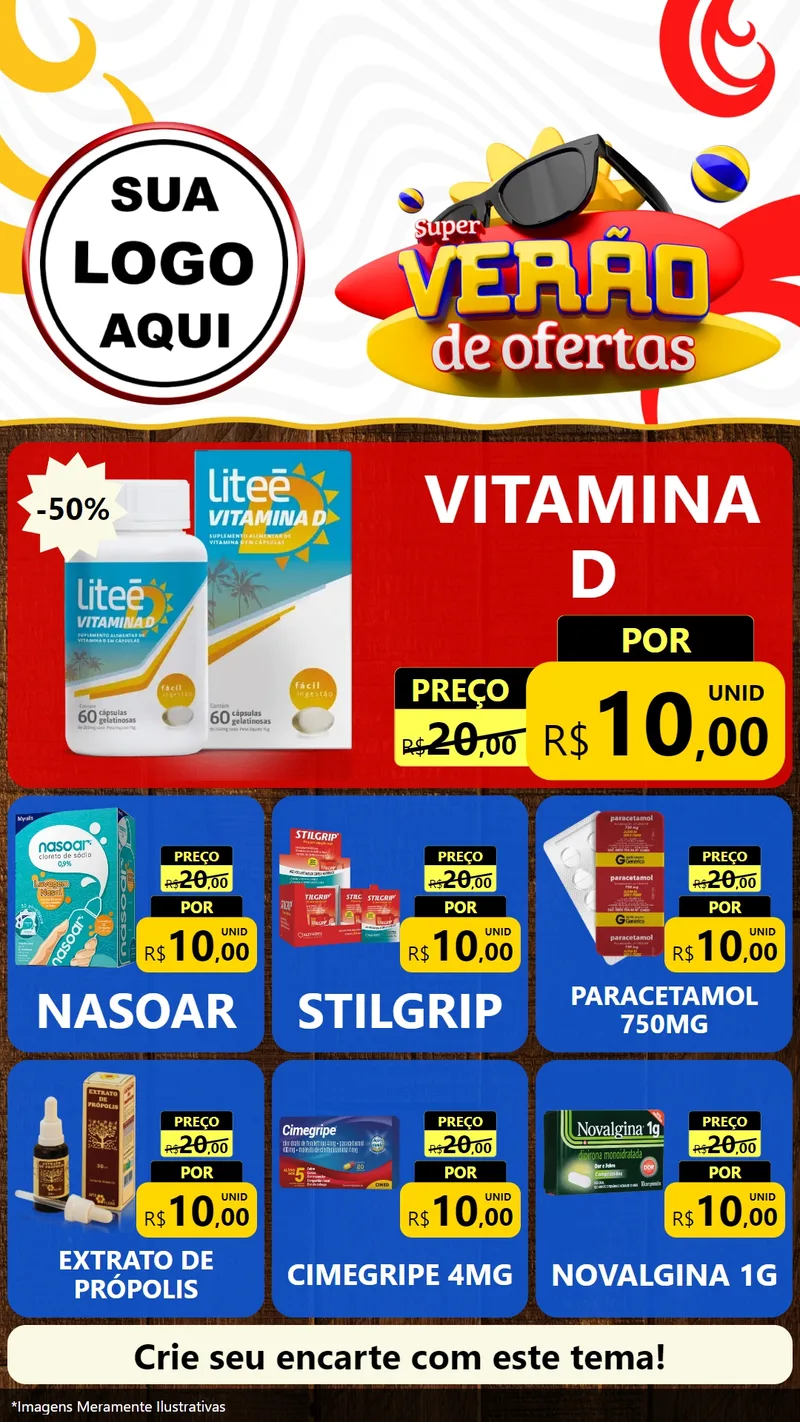 Modelo de Rede Social para Stories com o tema Super Verão de Ofertas para Farmácia