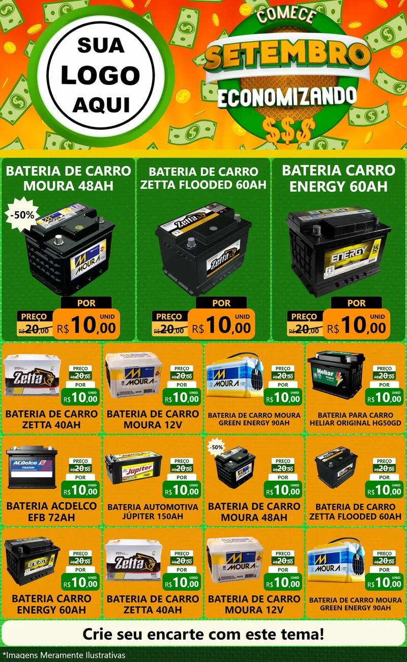 Modelo de Encarte para Encarte Grande com o tema Comece Setembro Economizando para Baterias Elétricas