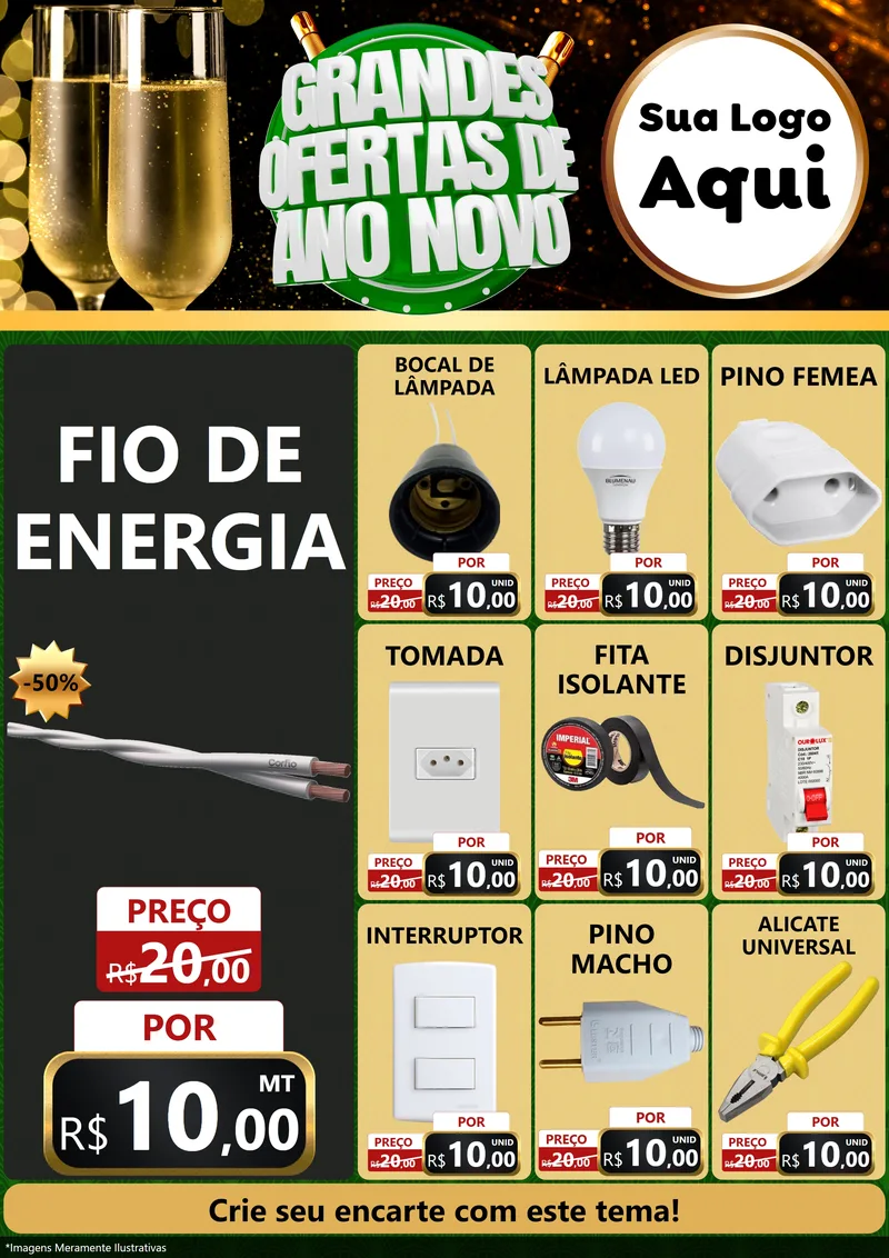Modelo de Encarte para Encarte A4 Vertical com o tema Grandes Ofertas de Ano Novo para Materiais Elétricos