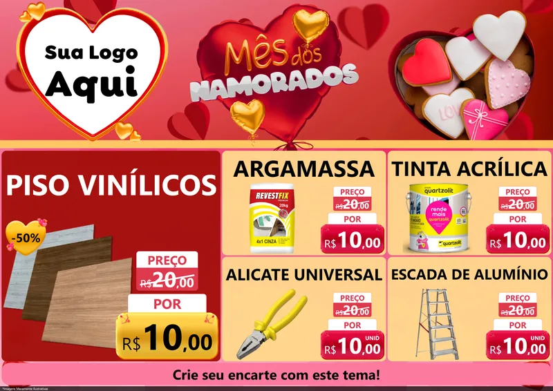Modelo de Encarte para Encarte A4 Horizontal com o tema Mês dos Namorados para Material para Construção